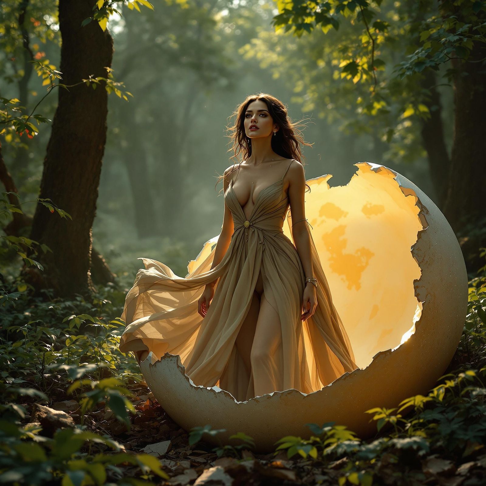 Elegant Woman Emerges from Eggshell in Mystical Forest, Cine...