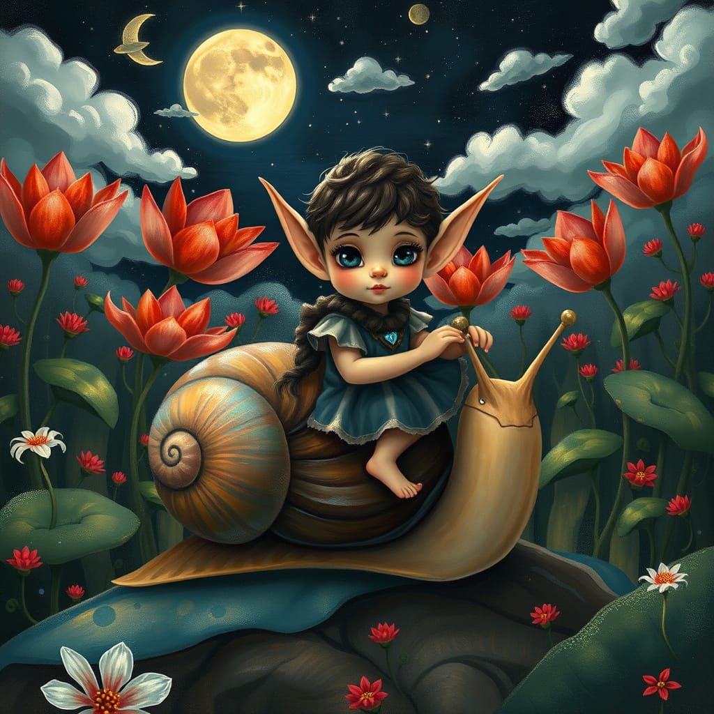 Elf Child Rides Giant Snail in Fairy Forest