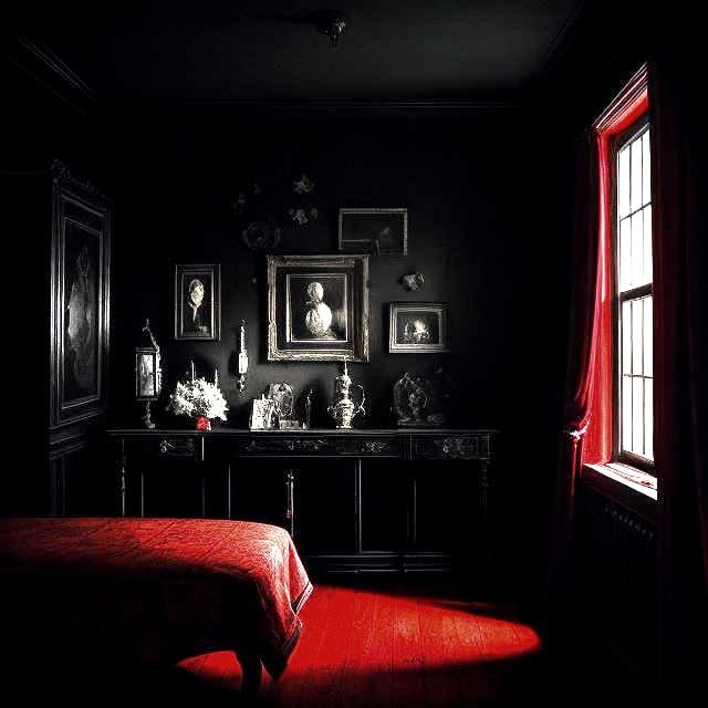 Vibrant Dark Room with Black and Red Furniture
