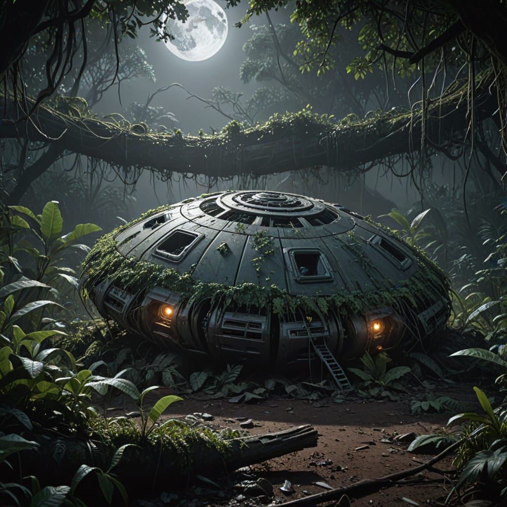 Crashed UFO in African Jungle Under Full Moon