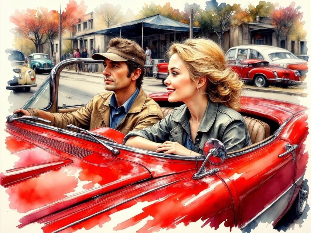 Woman and Father in Corvette, Americana Style