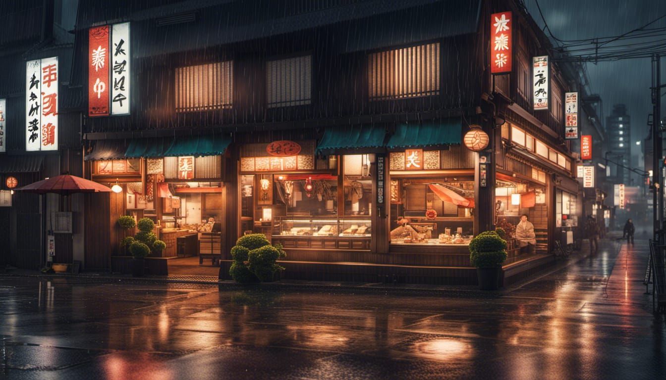 Rainy Night at Tokyo Sushi Shop: Photorealistic 8k