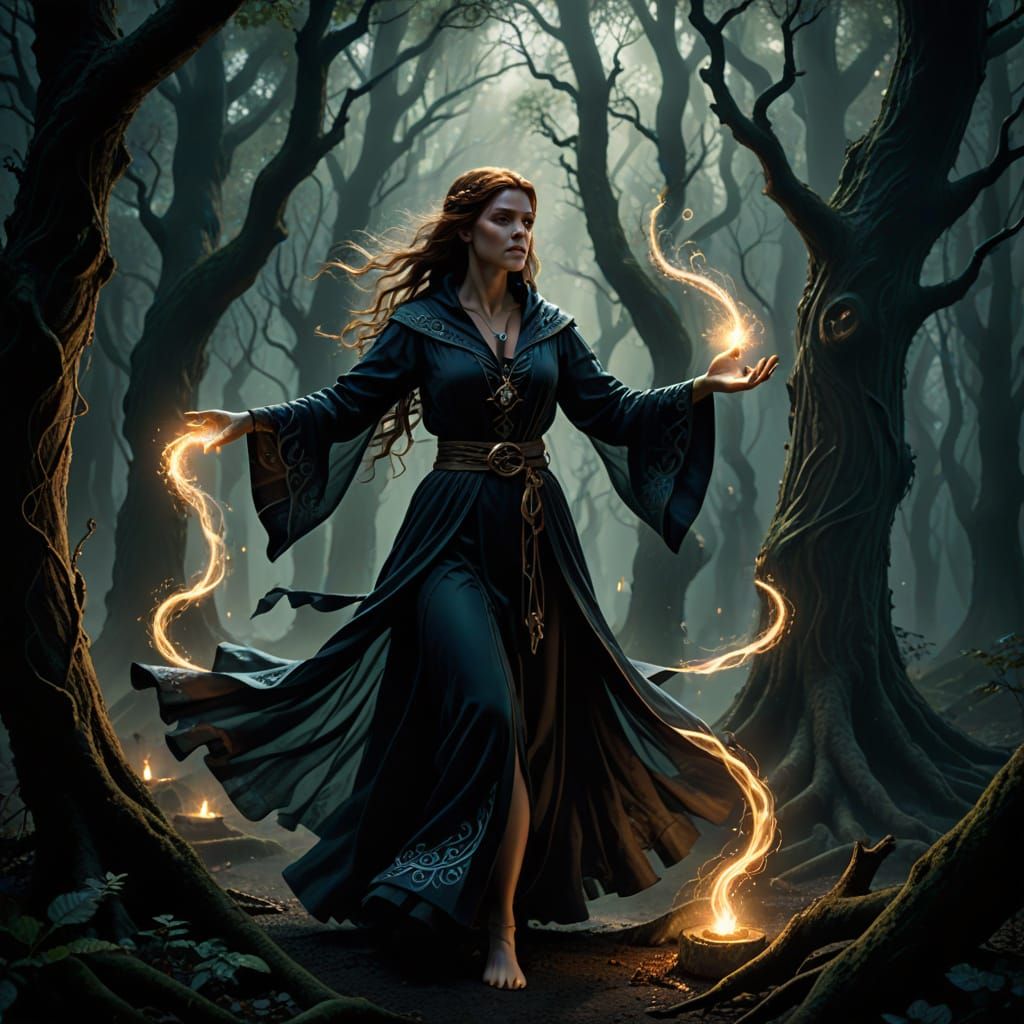 Mystical Sorceress Casting Spell in Dark Forest