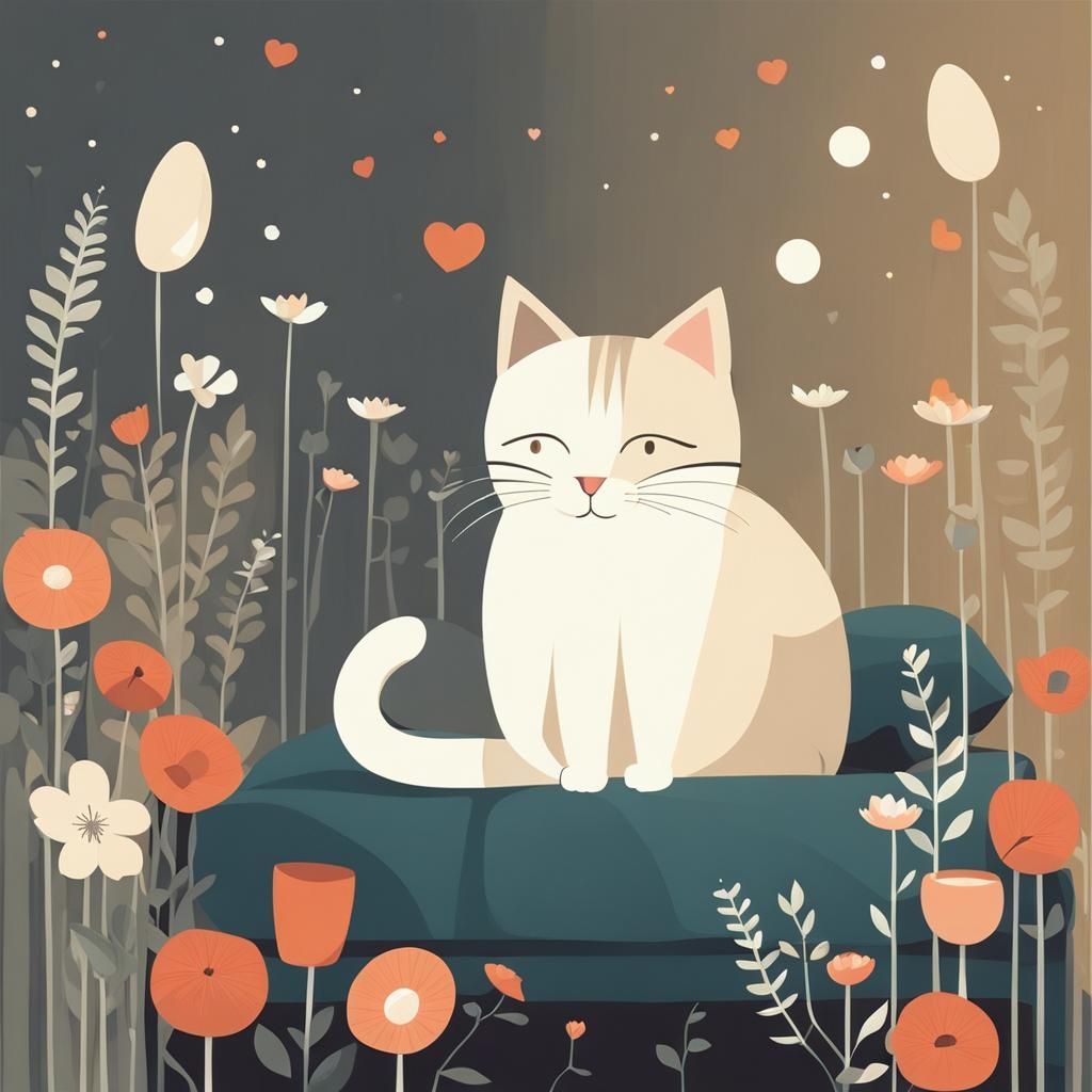 Cute Cat Surrounded by Flowers in Editorial Illustration