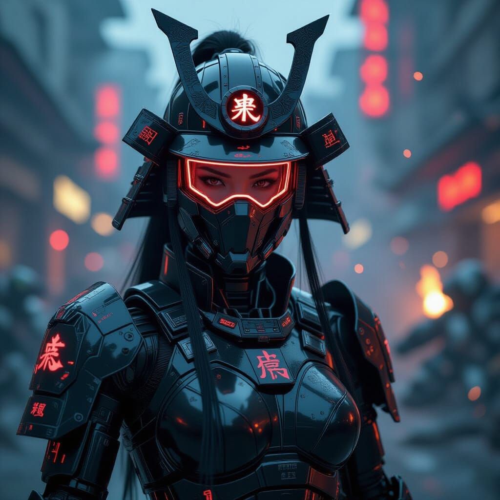 Cyberpunk Robot Samurai in Neon Battlefield
