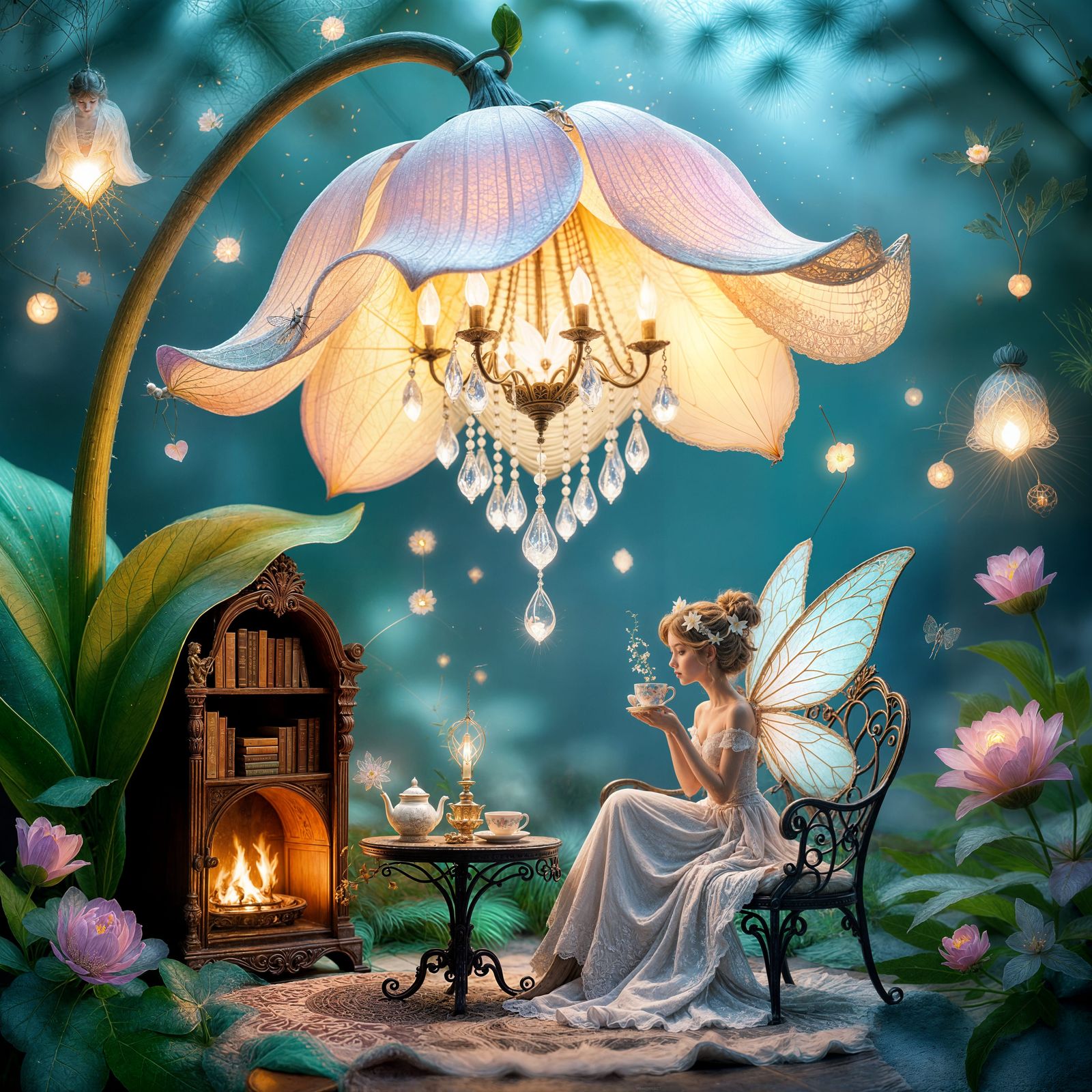 Fairy Tea Party Under Giant Flower, Whimsical Art