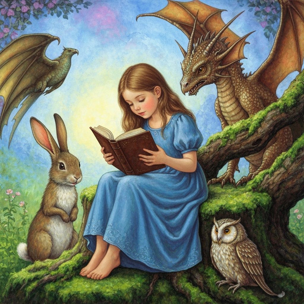 Girl Reading Book in Whimsical Fairy Tale Landscape