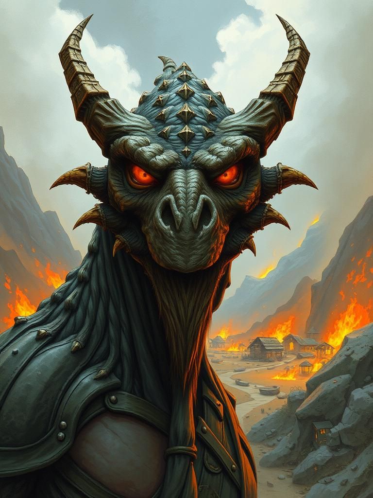 Trolloc Illustration Set Against Burning Village