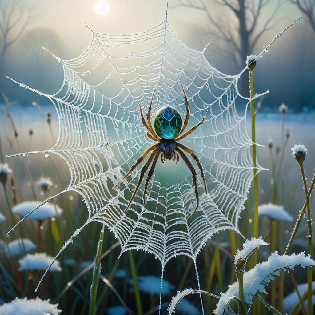 Regal White Spider Suspended in Frosty Winter Scene