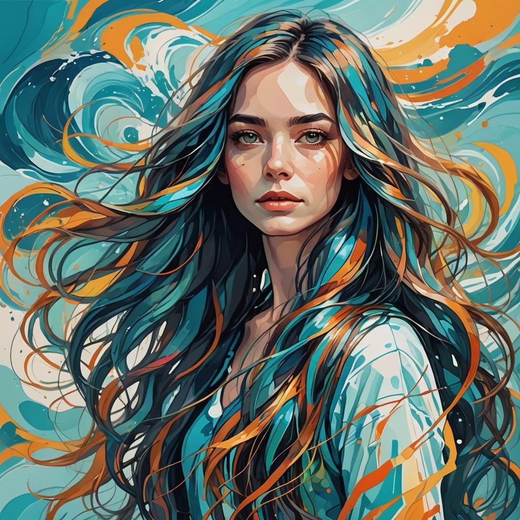 Abstract Woman with Colorful Flowing Hair
