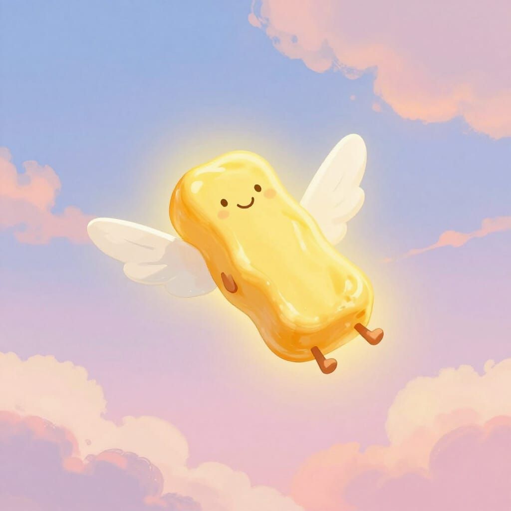 Smiling Butter Flies Through Pastel Sky in Children's Book S...