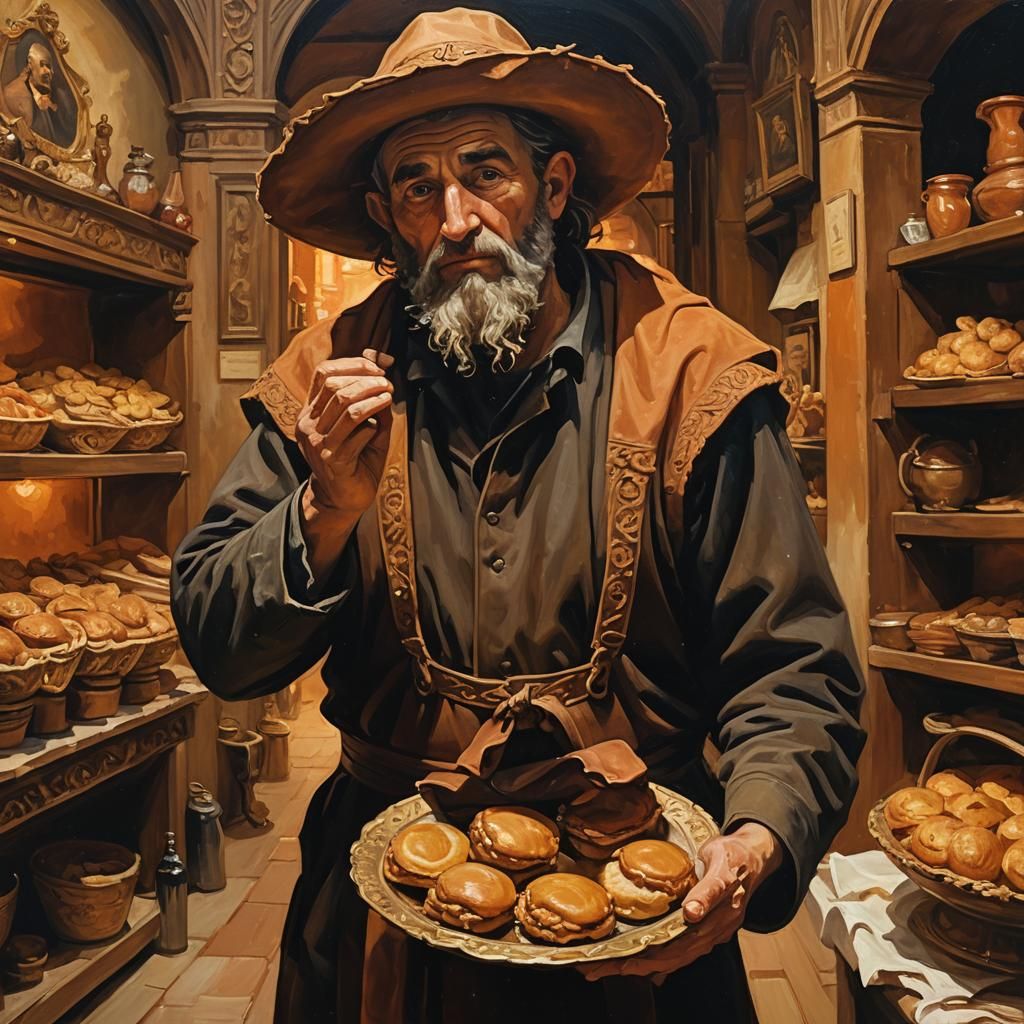 Basque Thief God in a Cozy Porc-Pie Hat Shop, in Oil Paintin...