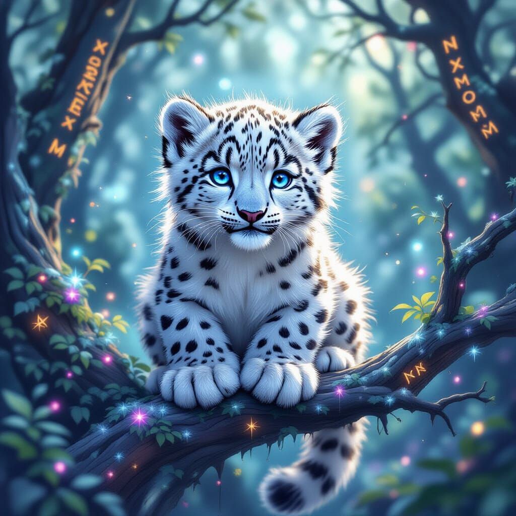 Snow Leopard Cub in Bioluminescent Forest