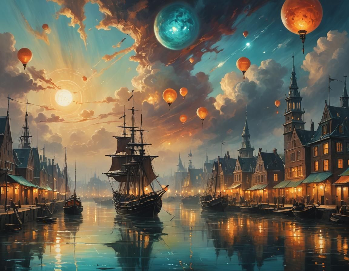 Exoplanet Harbor Gravity Anomaly in Oil Painting Style