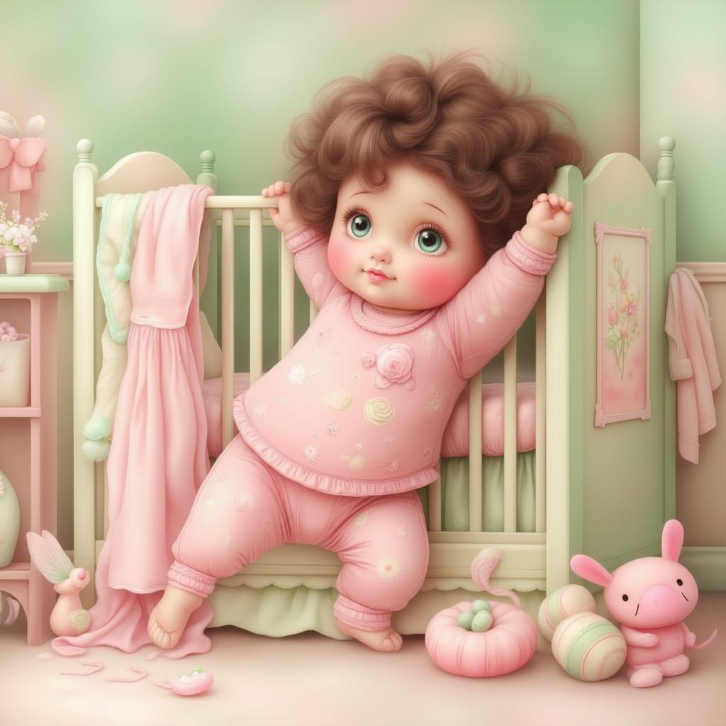 Adorable Toddler Girl Escaping Crib in Realistic 3D Nursery