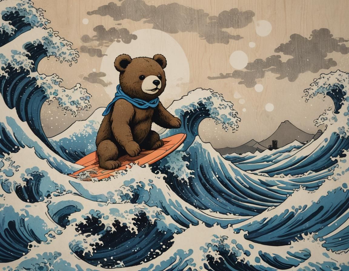 Teddy Bear Surfer Rides Great Wave in Ukiyo-e Print