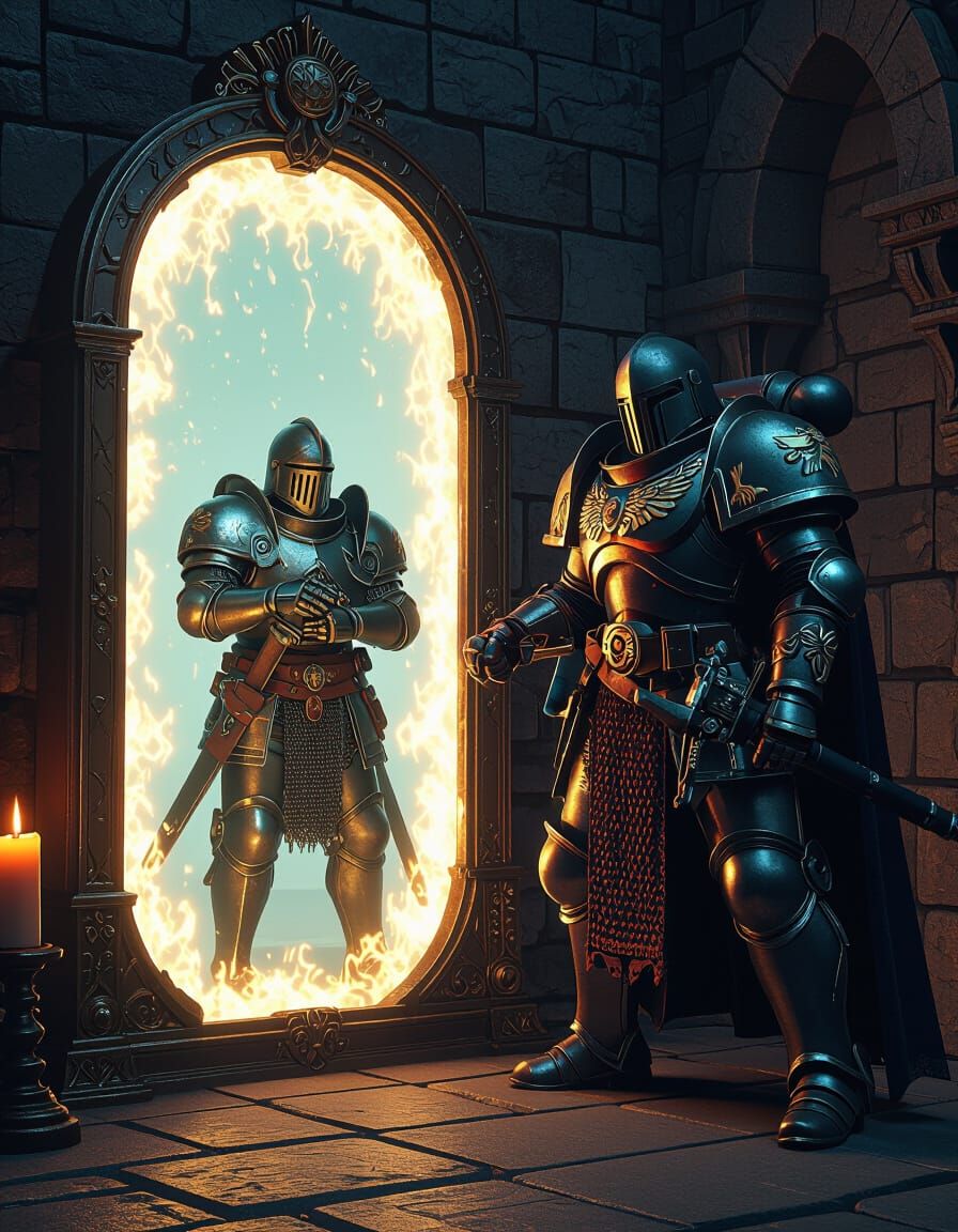 Medieval Knight Meets Warhammer Space Marine at Time Portal