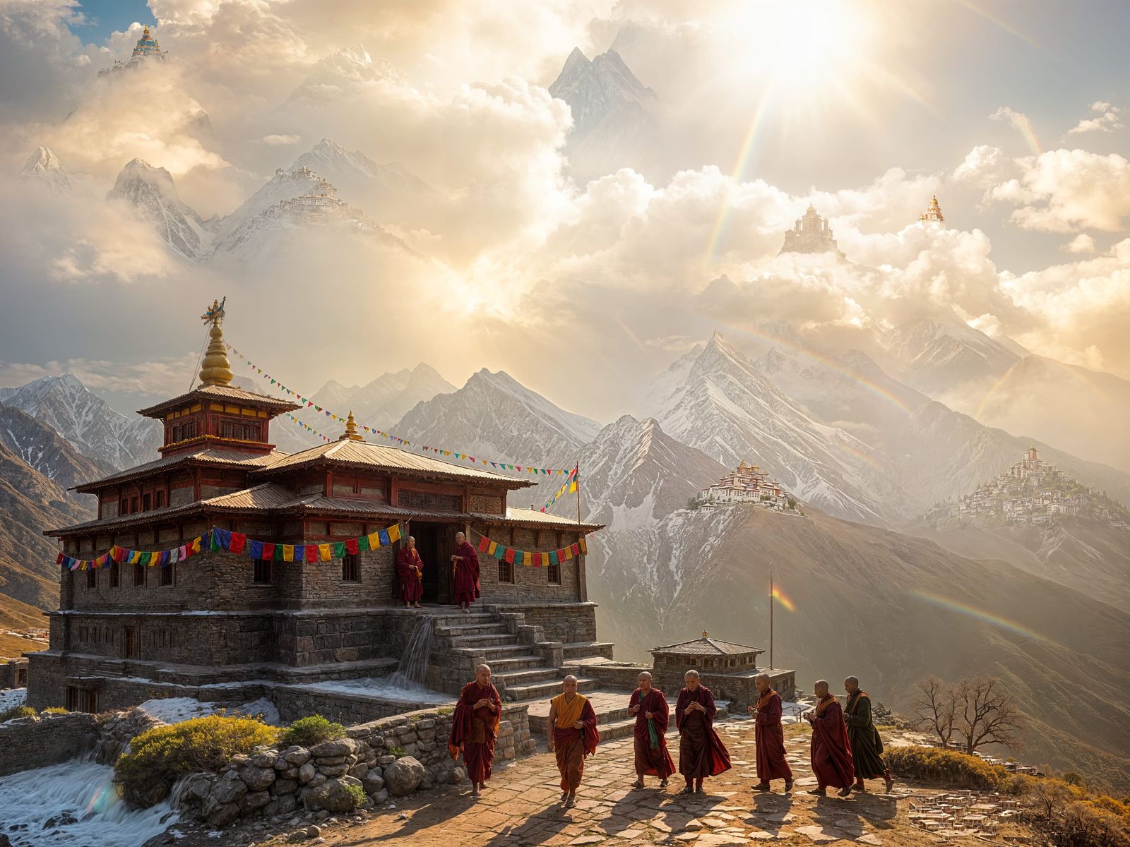 Sacred Tibetan Monastery Illuminated by Heavenly Rainbow