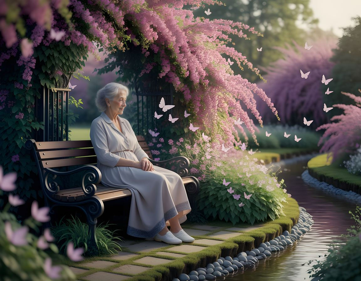 Elderly Woman in Vibrant Garden, Sunlight and Butterflies