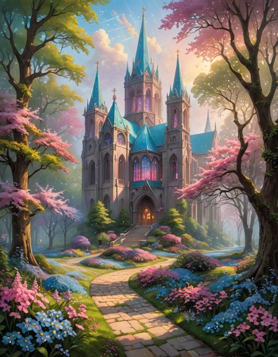 Ethereal Cathedral with Pink Flowers in Dreamscape