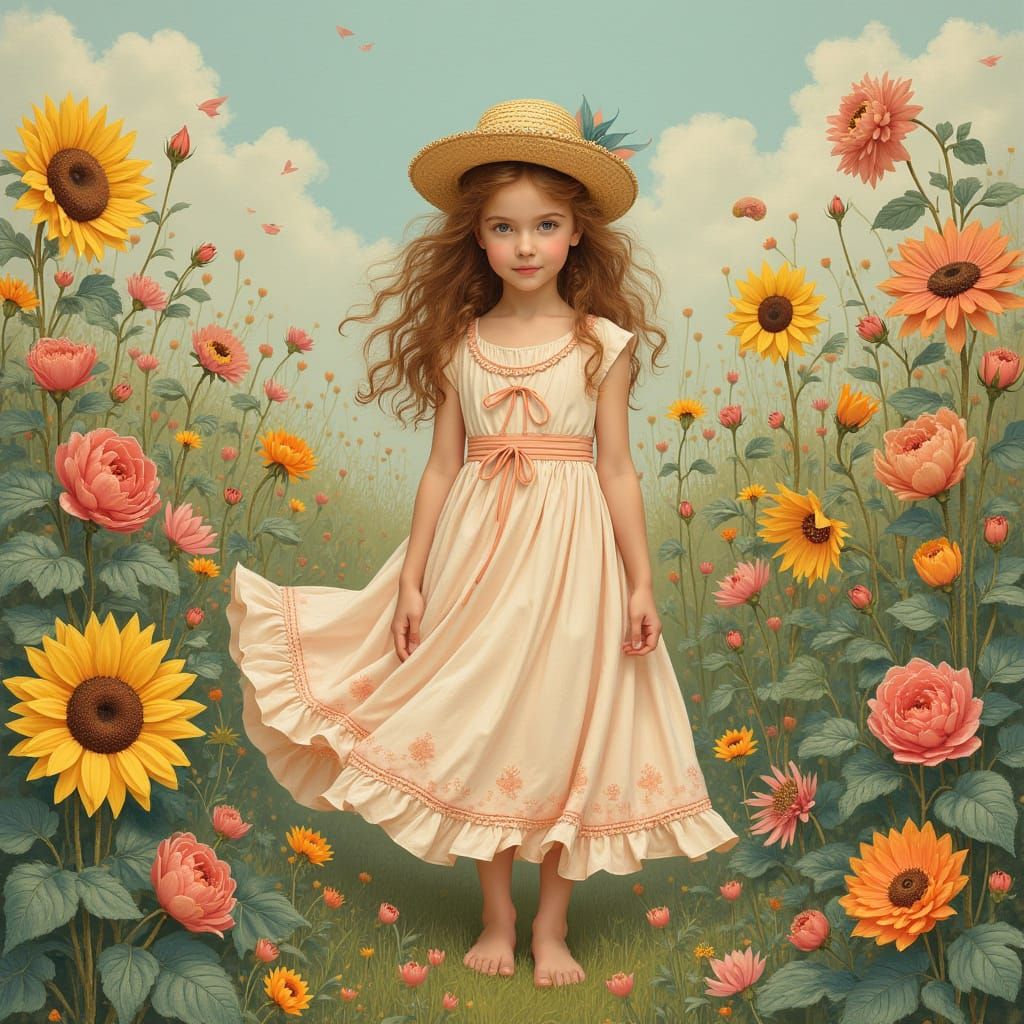 Girl in Flower Garden as Art Nouveau Illustration