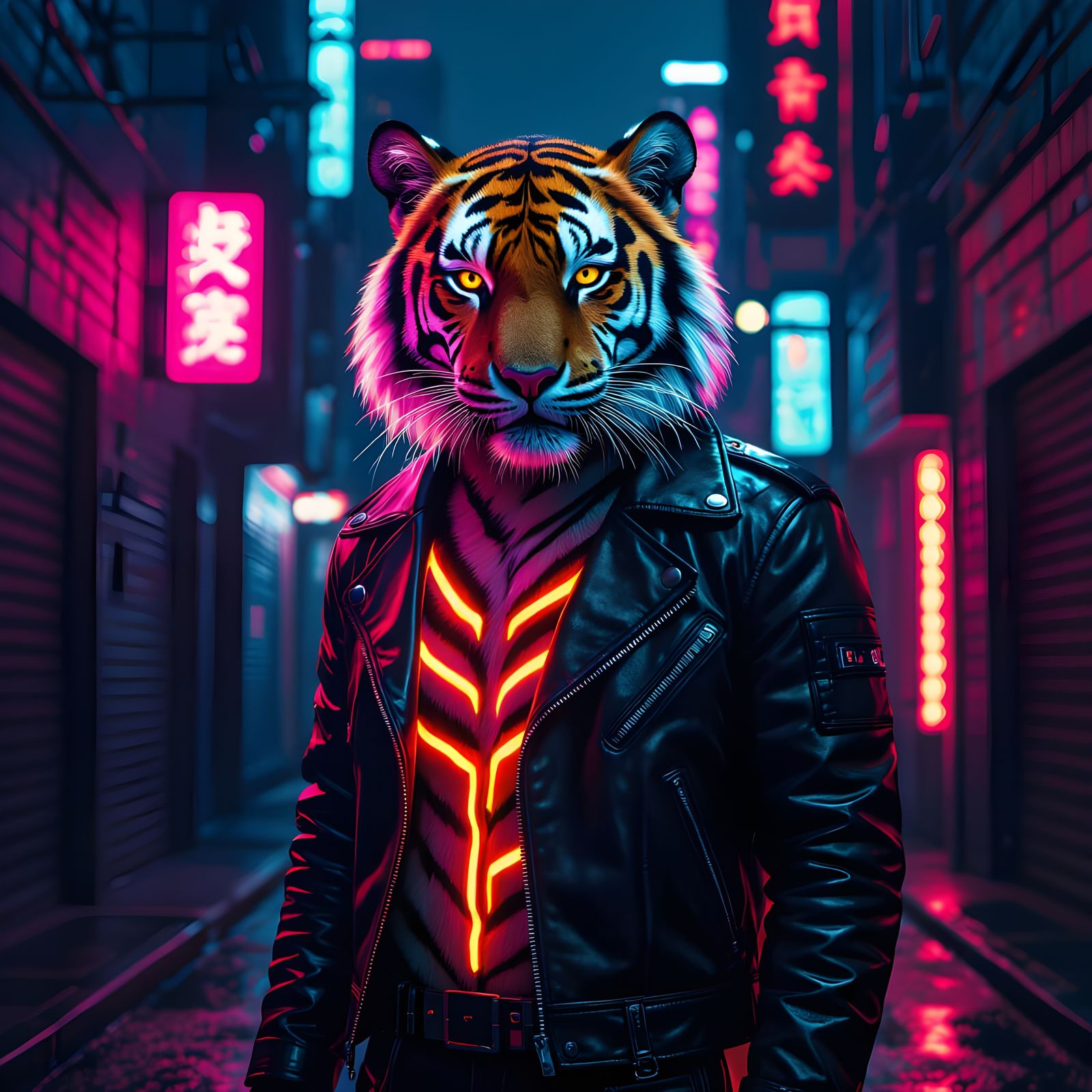 Neon Tiger in Cyberpunk Alleyway