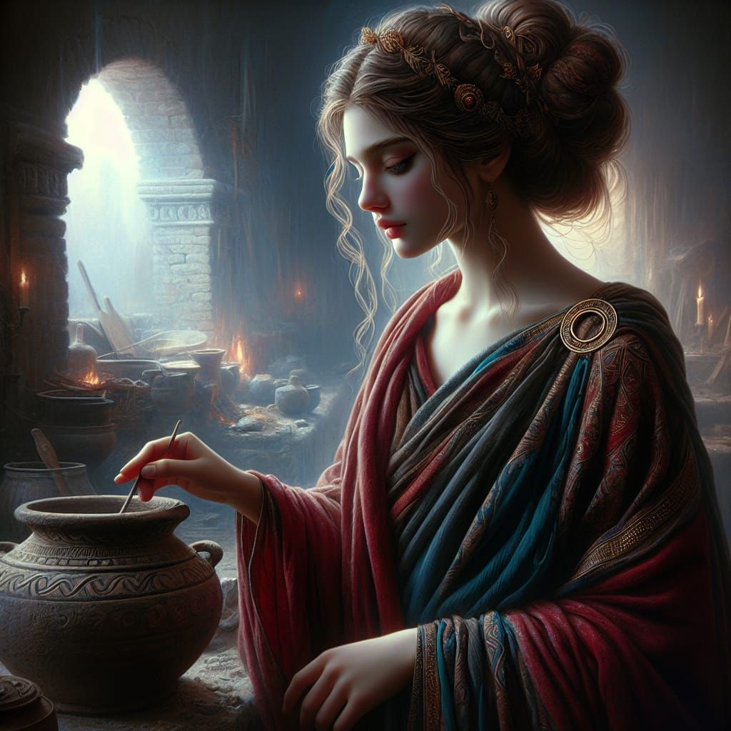 Elegant Lamara Goddess Tending Hearth in Georgian Style