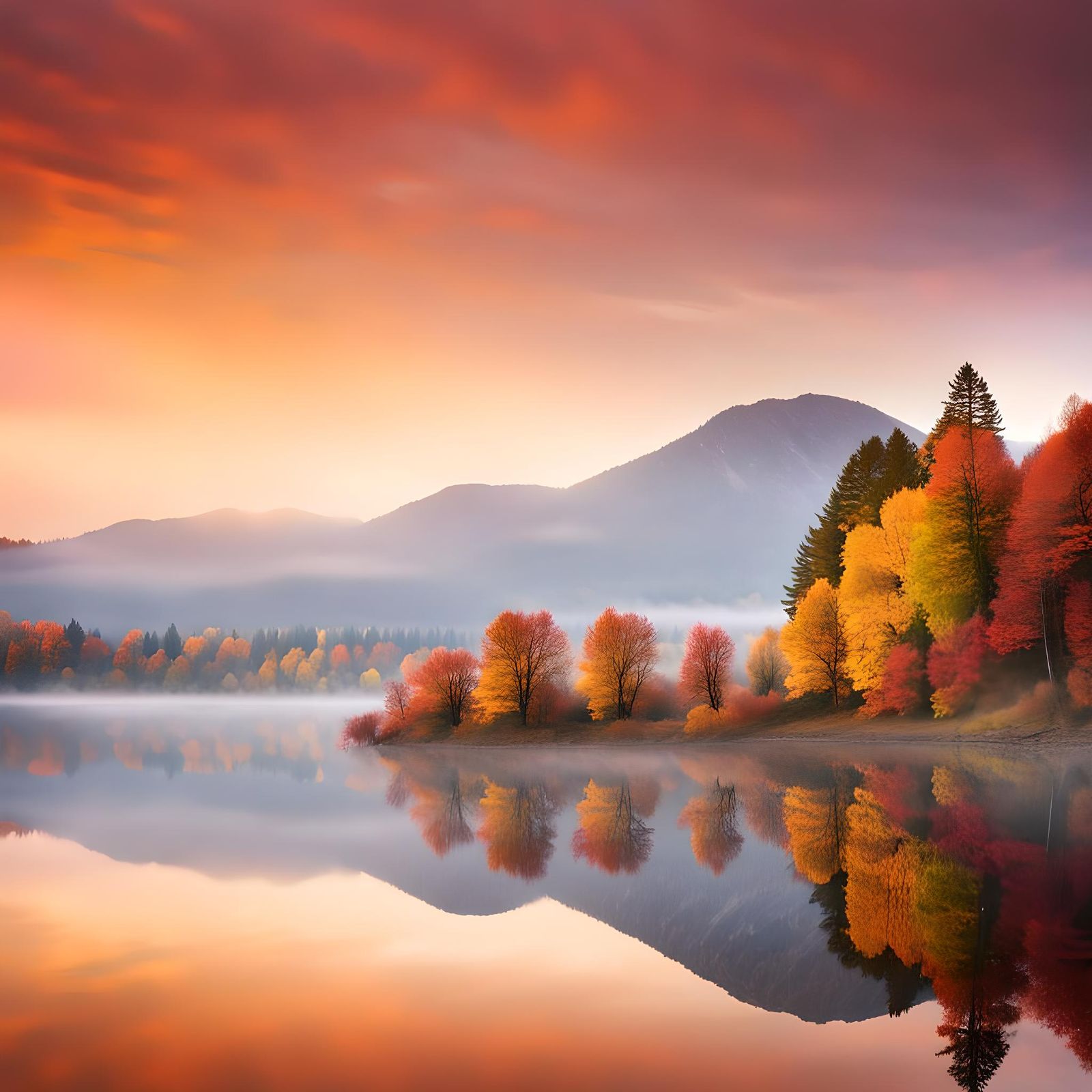 Serene Autumn Sunrise Over Misty Lake