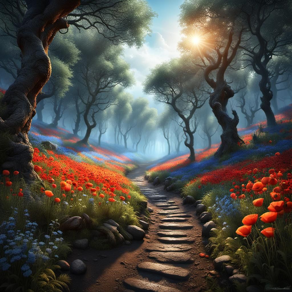 Hyperrealistic Forest Scene with Wildflowers at Sunrise