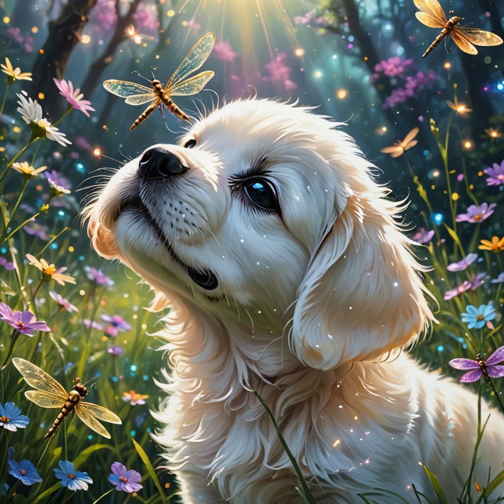 Enchanted Puppy with Dragonfly in Oil Painting Style