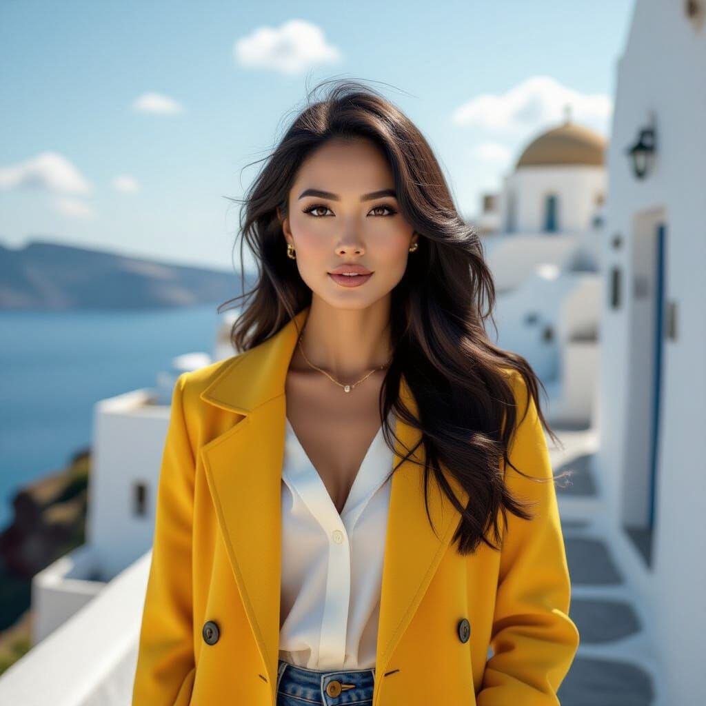 Hyper Realistic Portrait in Santorini, Cinematic Film Still