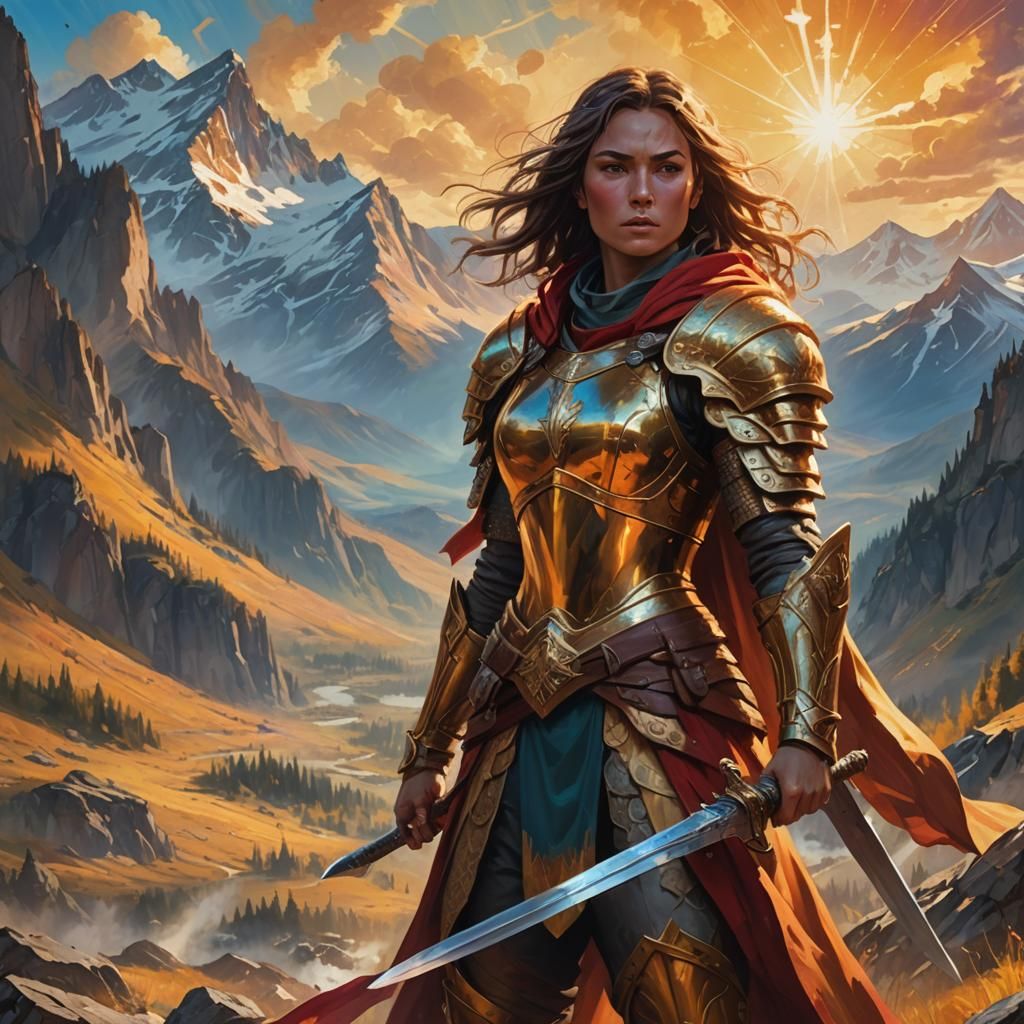 Warrior Woman in Golden Armor, Oil Painting