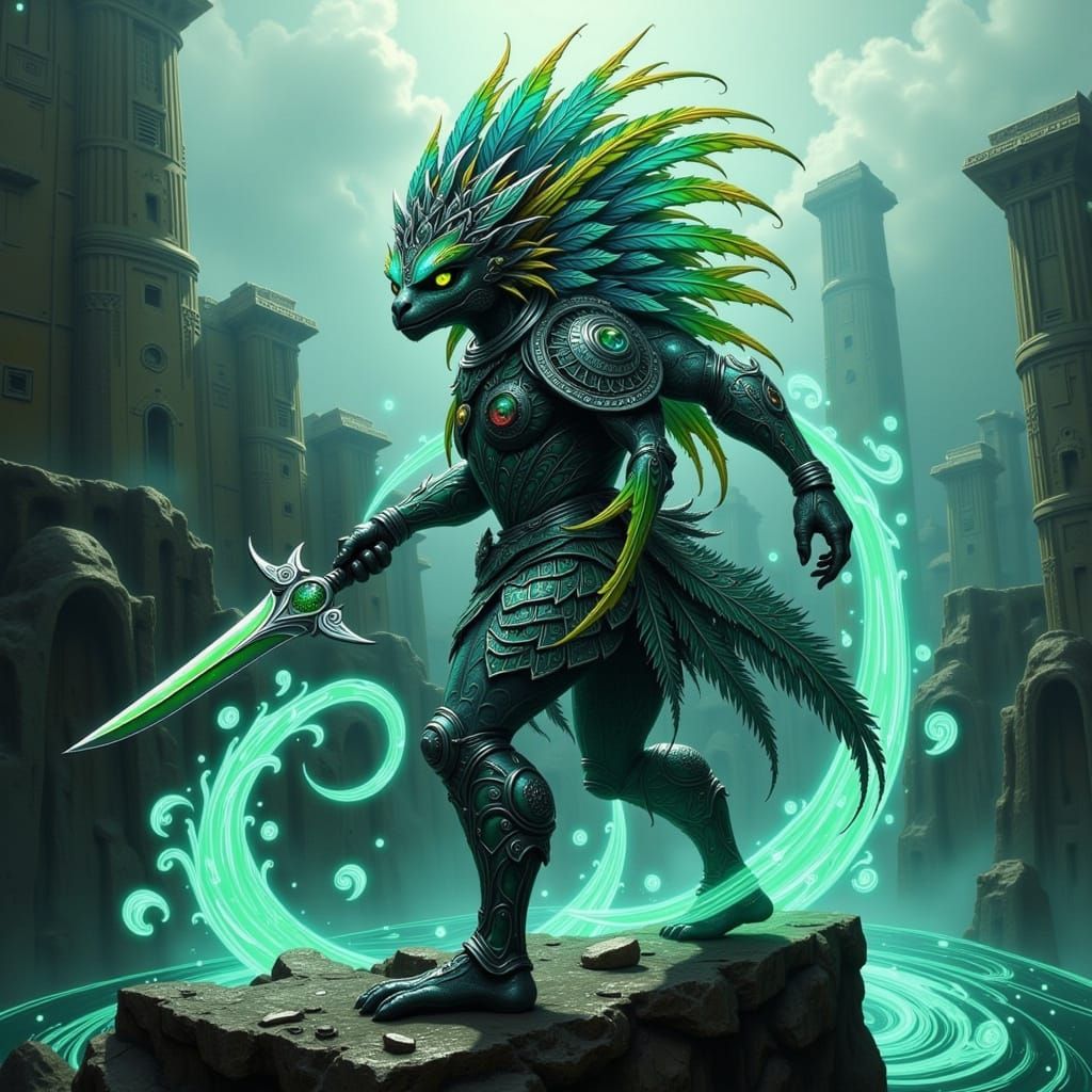 Mystical Quetzalcóatl Warrior in Ancient Aztec Temple