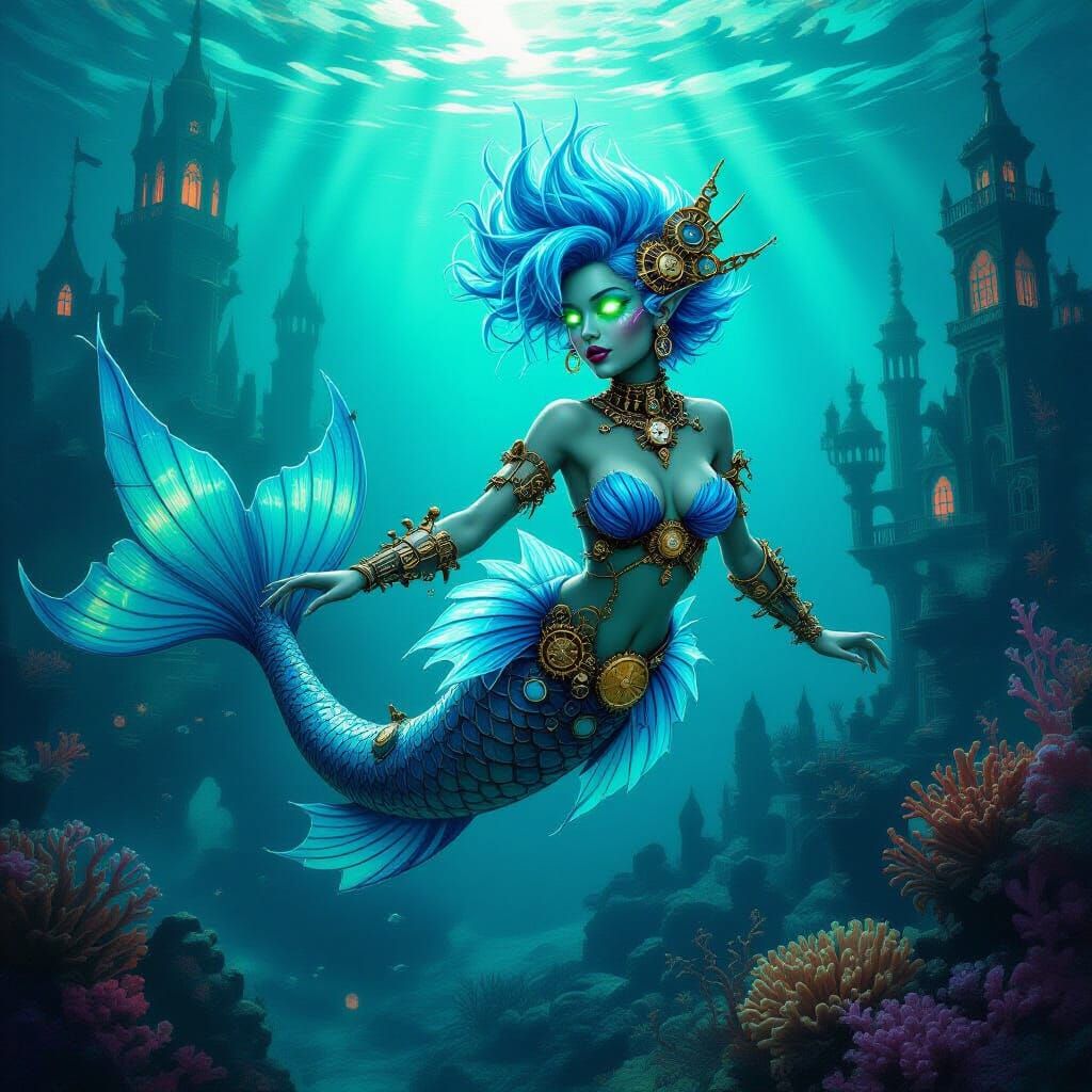 Steampunk Mermaid in Sunken Gothic City