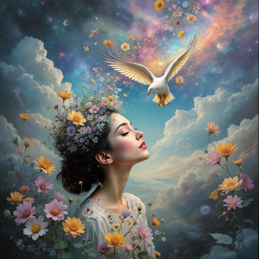 Surreal Woman with Flowers, Mushrooms and Eagle