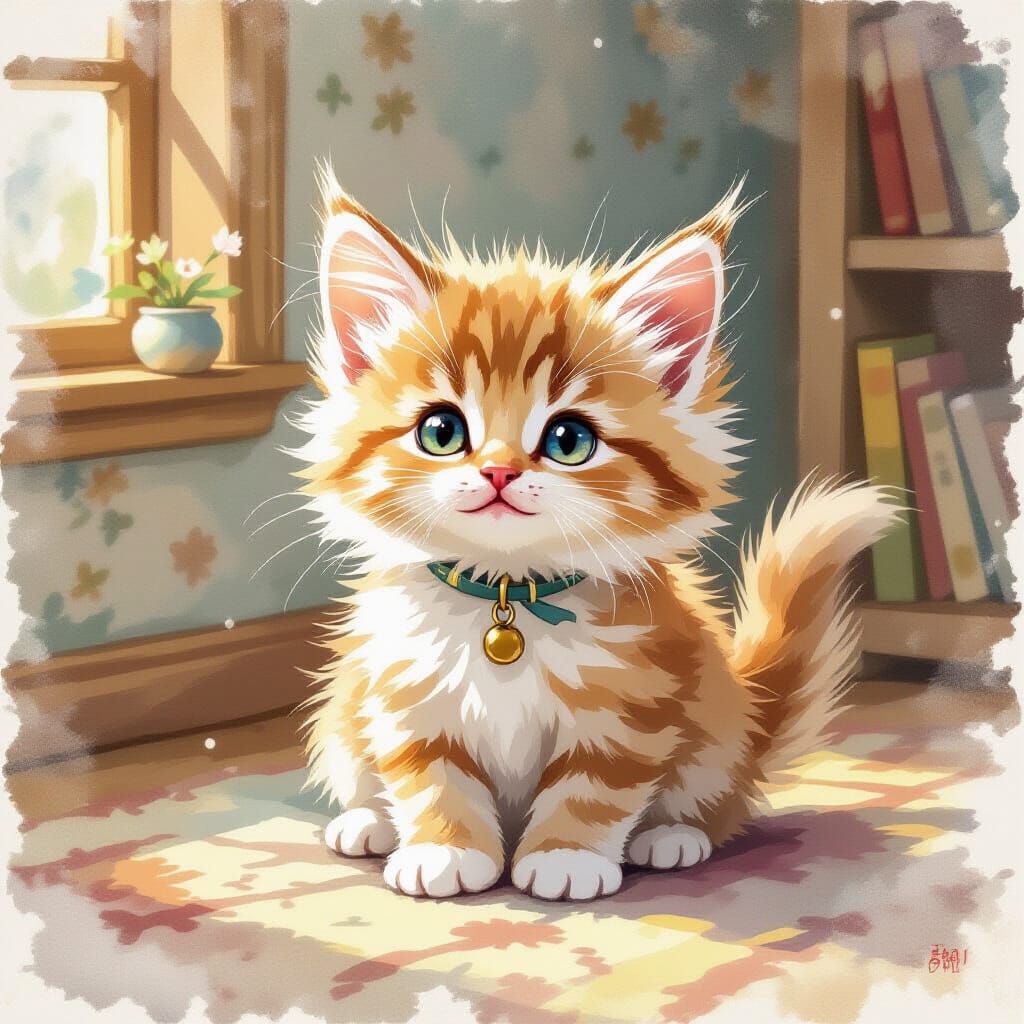 Fluffy Kitten Playing in Cozy Room, Watercolor Style