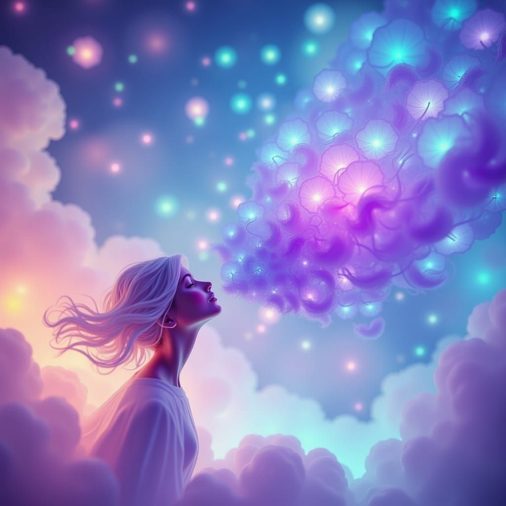Ethereal Woman Blows Kites Across Dreamlike Sky