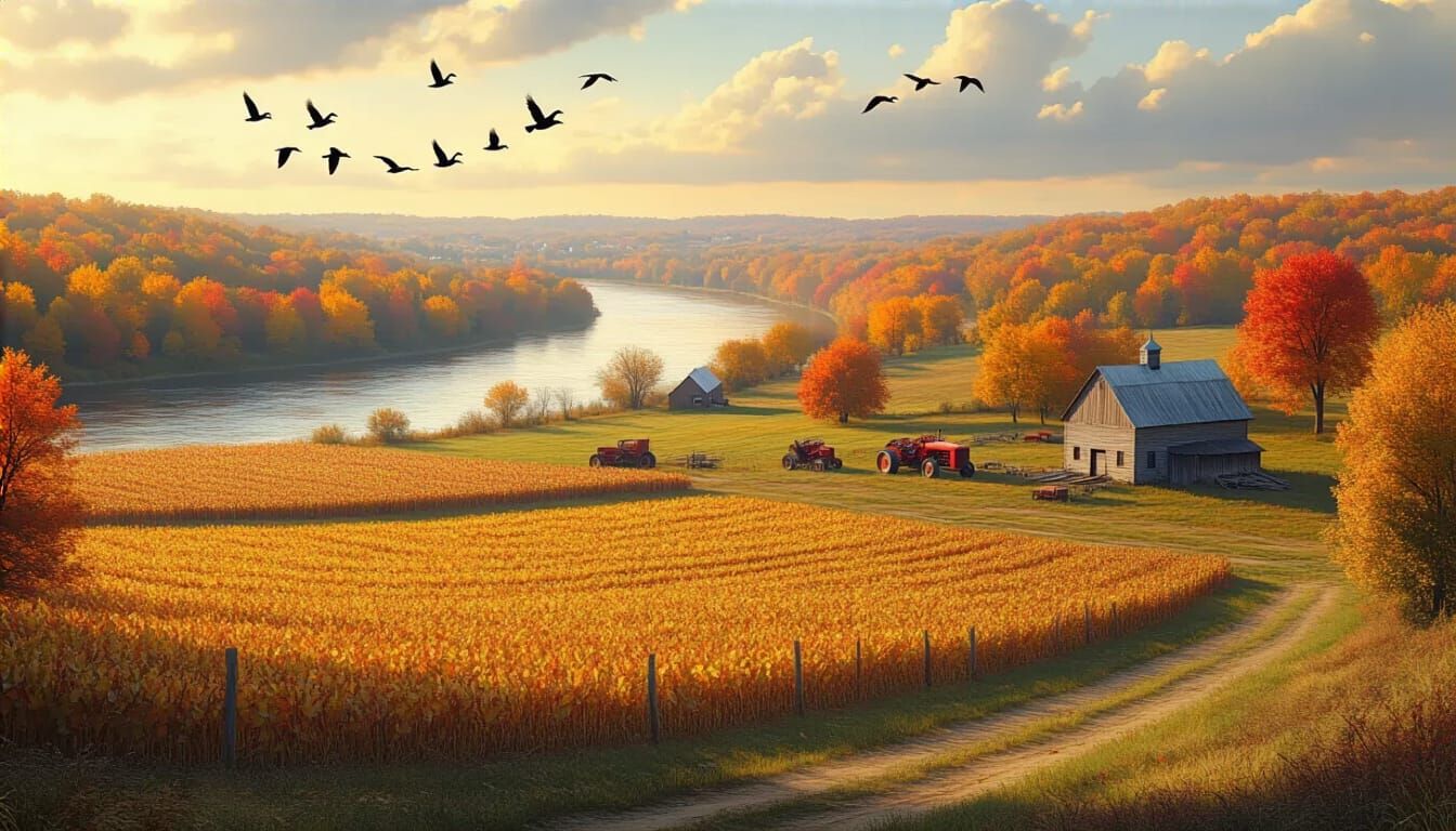 Midwest Autumn River Scene with Golden Hour Light