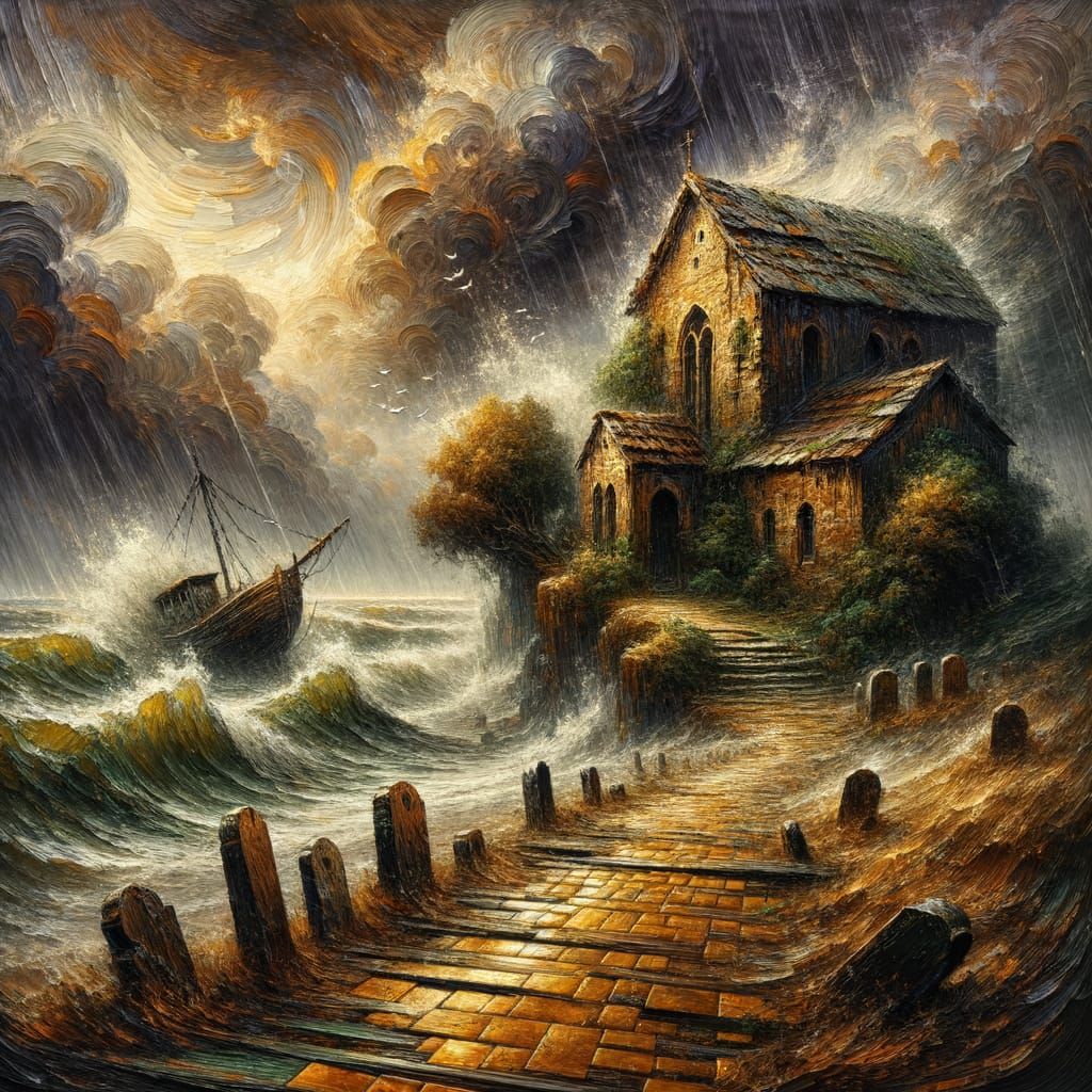 Stormy Seaside Retreat as Impasto Oil Painting