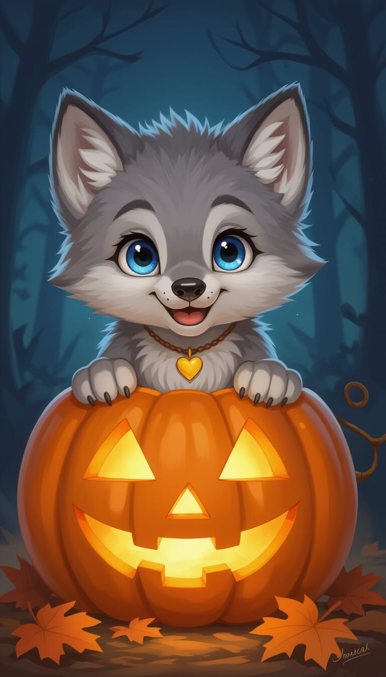 Charming Wolf Boy in Halloween Pumpkin, Watercolor Backgroun...