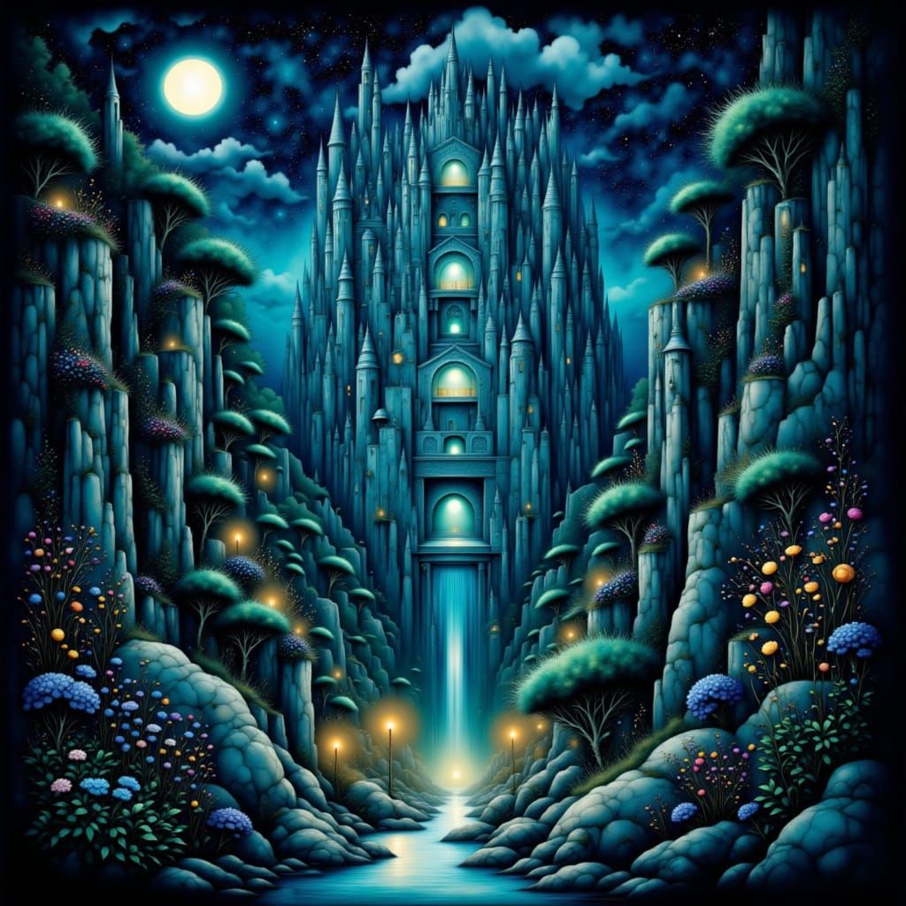 Surreal Bioluminescent Megacity in Labyrinthine Urban Style