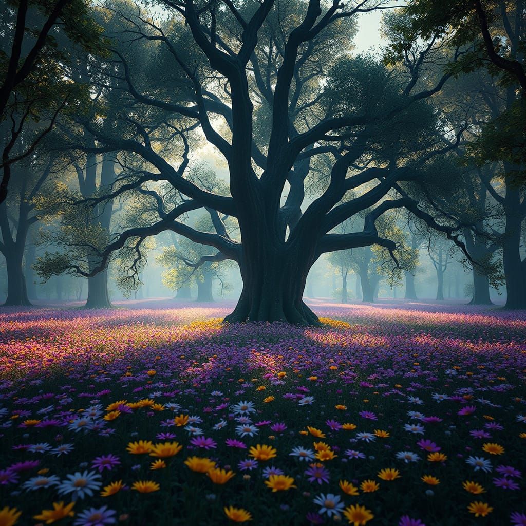 Whimsical Oak Tree in a Wildflower Sea