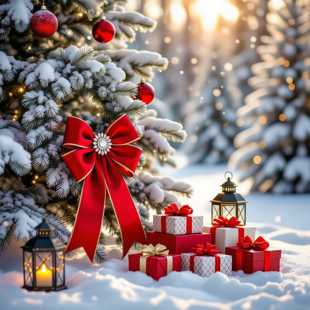 Winter Wonderland Scene with Snow-Covered Fir Trees and Red ...