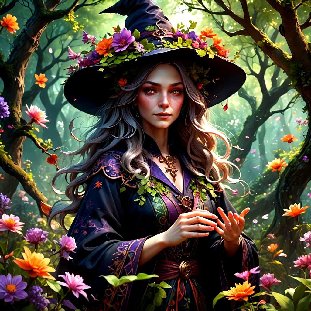 Spring Witch with Greenery and Flowers in Detailed Matte Pai...