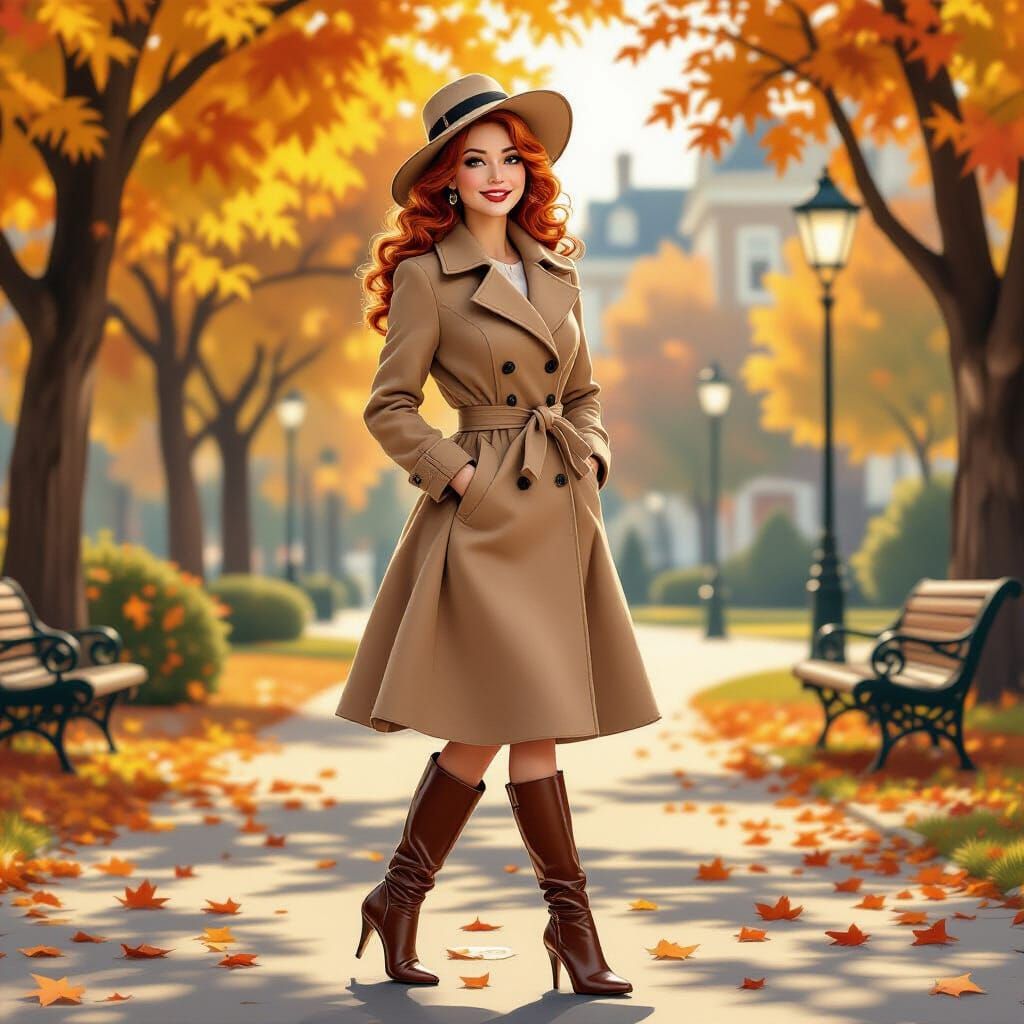 Redhead Tradwife Enjoys Autumn Park Walk in 1950s Style
