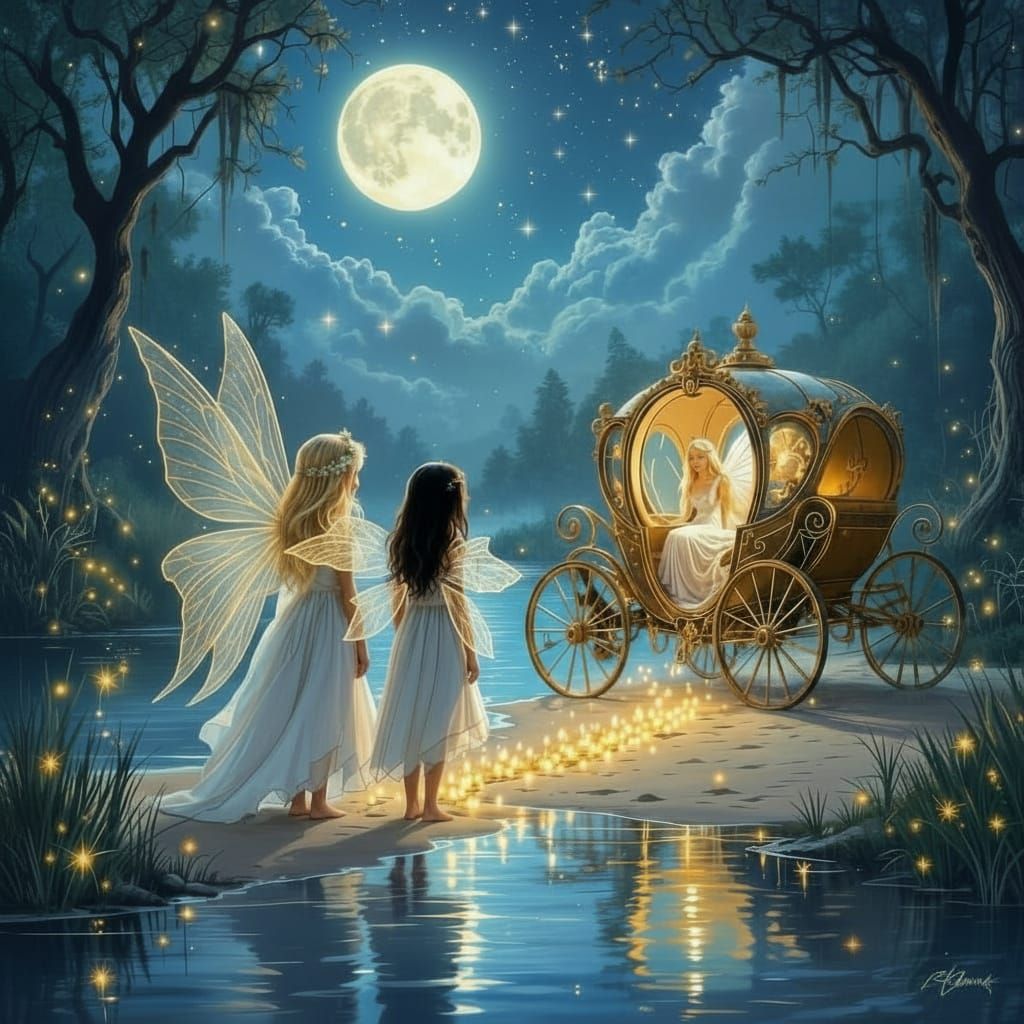 Fairy Girls Meet Golden Coach on Moonlit Beach