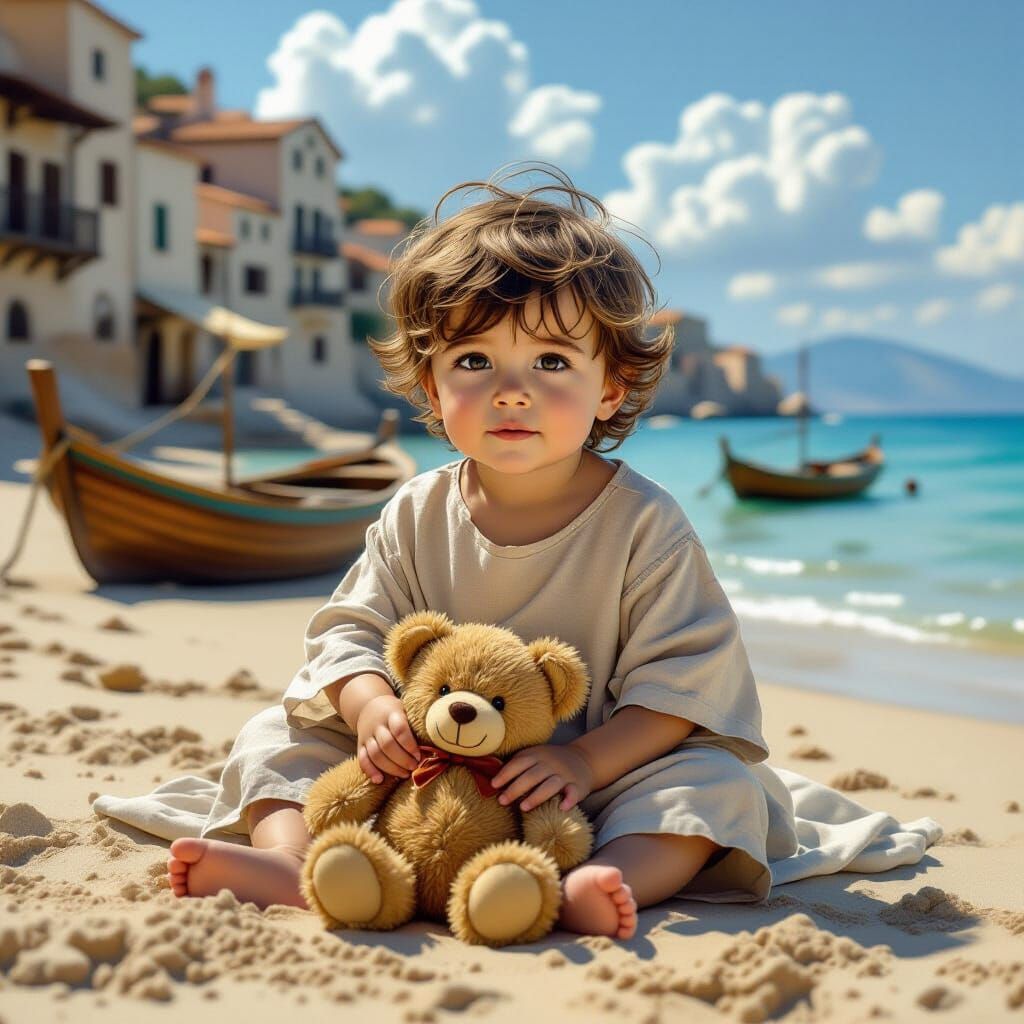 Baby Boy Playing on 15th Century Italian Beach