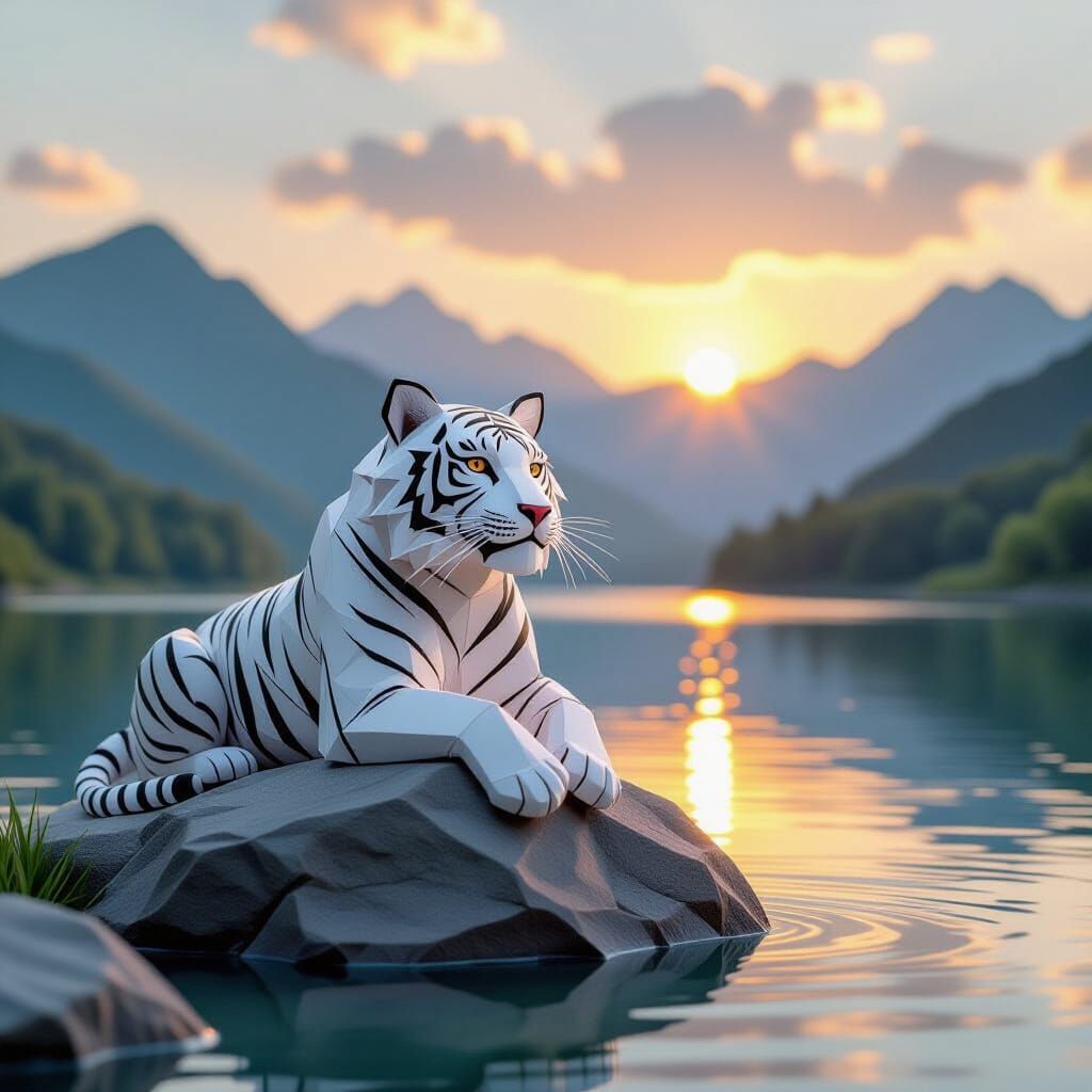 White Tiger Gazing Defiantly in Origami Style