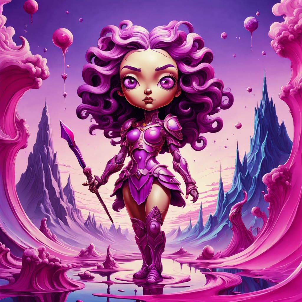 Chibi Warrior Queen in Surreal Abstract Landscape