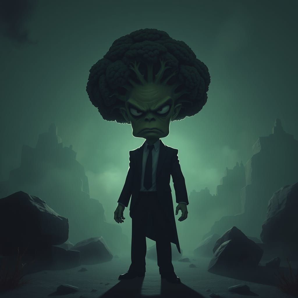 Menacing Mr. Broccoli in Noir Landscape